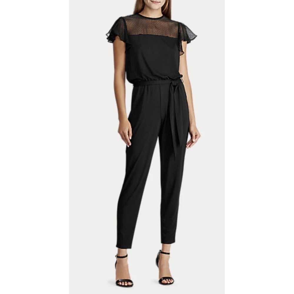 Lauren Ralph Lauren Black Mesh Yoke Jersey Jumpsuit Size M No Belt Preppy Chic